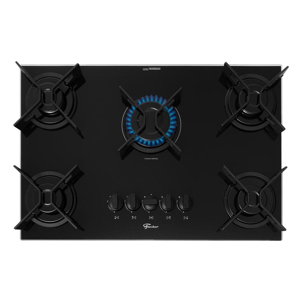 Cooktop a Gás Fischer 5 Bocas Fit Line Preto Trempe Iron Bivolt